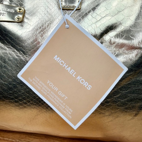 Michael Kors Gold Metallic Snakeskin Embossed Weekender Duffel Travel Bag NWT - Picture 3 of 12